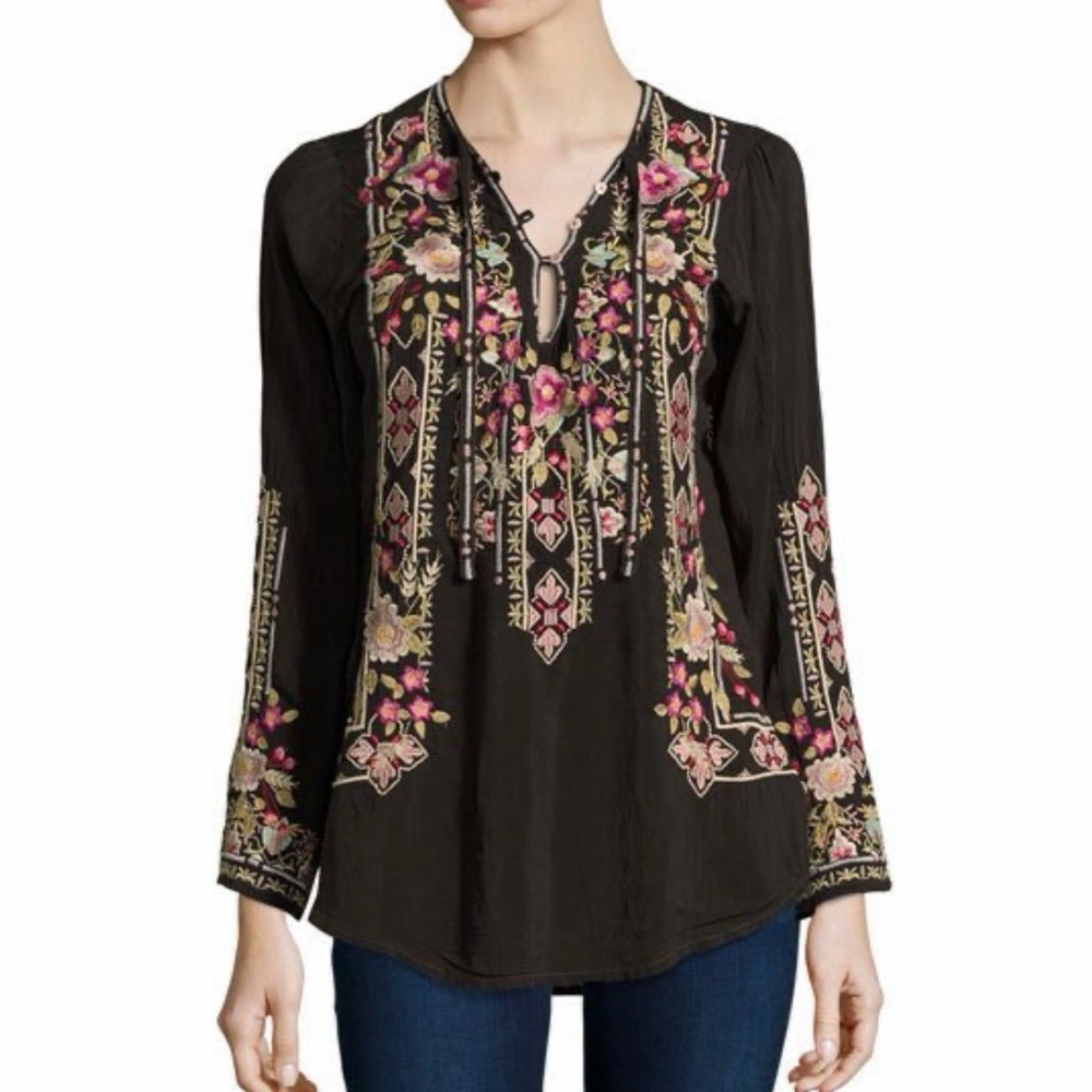 Johnny Was Brown Floral Embroidered Top